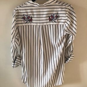 LikeNew “Love Birds” Embroidered White Long Sleeve Blouse W/ Black Stripes